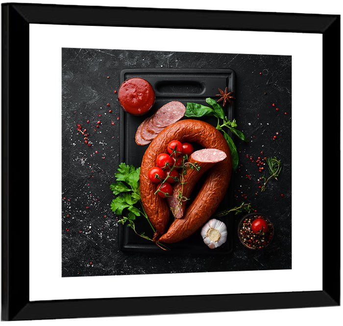 Sausage Ring on Black Cutting Board Wall Art as a framed print