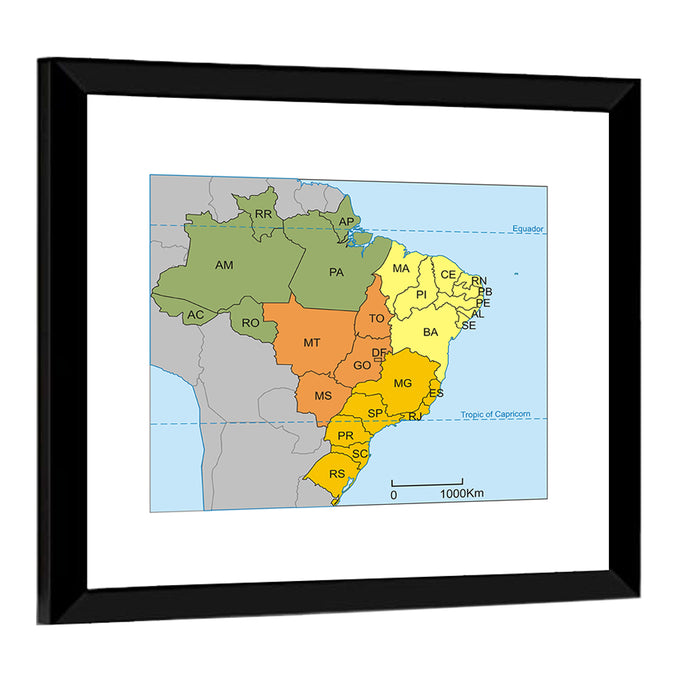 Brazil Map with State Codes Wall Art as a framed print