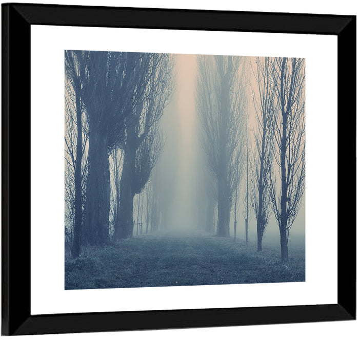Misty Forest Pathway in Fog Wall Art as a framed print