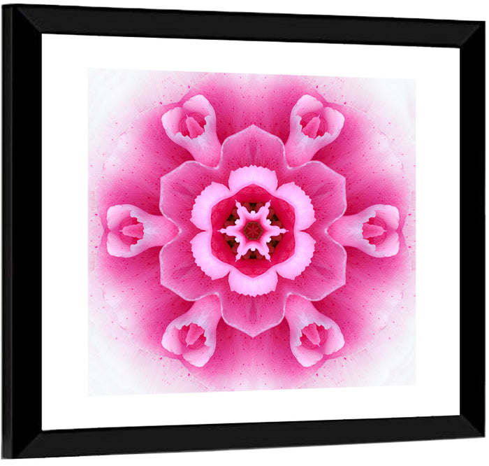 Pink Carnation Kaleidoscope Mandala Wall Art as a framed print