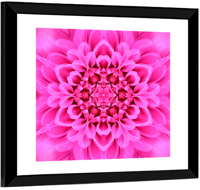 Kaleidoscopic Chrysanthemum Mandala in Magenta Wall Art as a framed print