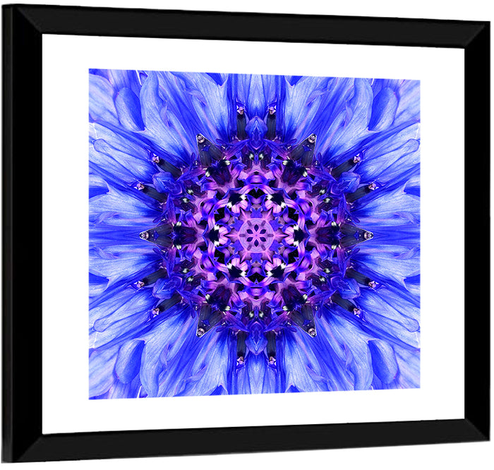 Kaleidoscopic Cornflower Mandala Wall Art as a framed print