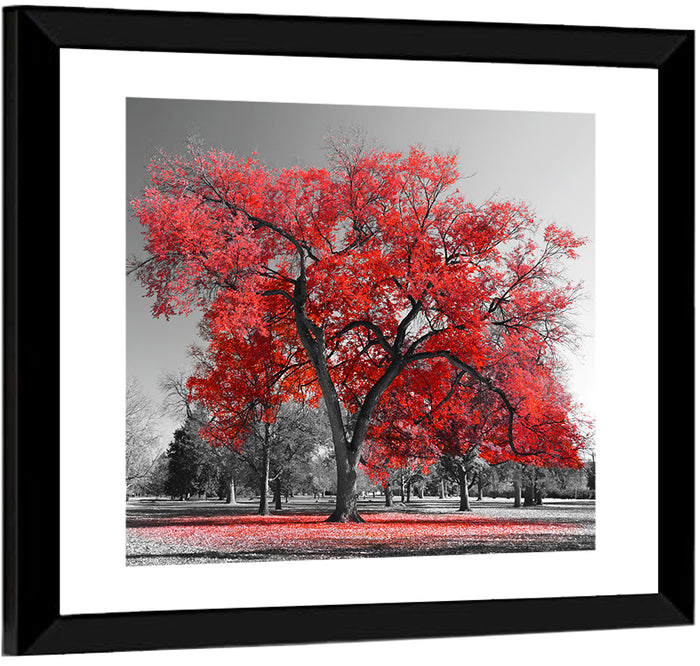 Winter Tree with Red Leaves Wall Art as a framed print