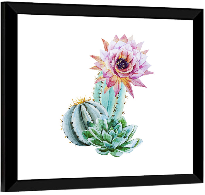 Blooming Cactus Watercolor Wall Art as a framed print