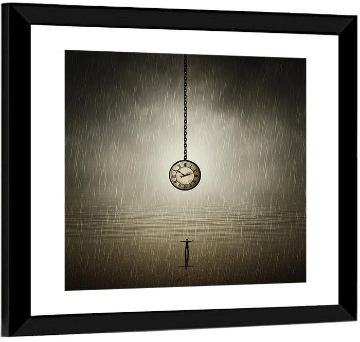 Suspended Pocket Watch in Rain Wall Art as a framed print