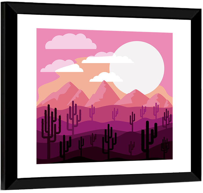 Saguaro Sunset Illustration Wall Art as a framed print