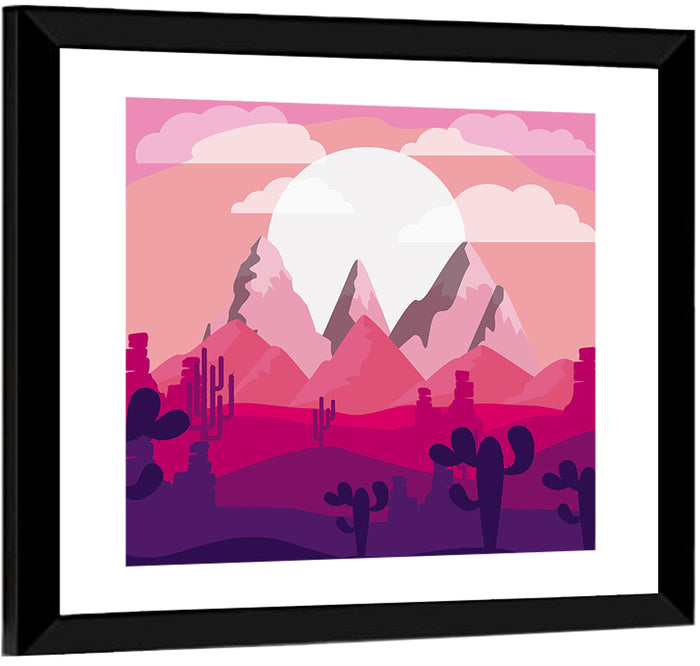 Magenta Desert Mountains Illustration Wall Art as a framed print