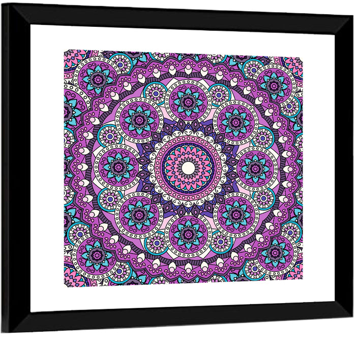 Vibrant Purple Teal Mandala Pattern Wall Art as a framed print