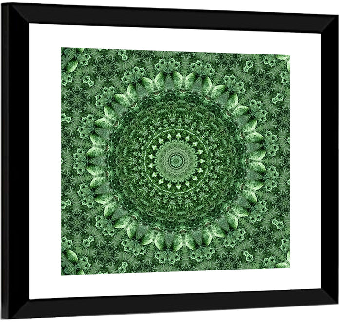 Green Botanical Kaleidoscope Mandala Wall Art as a framed print