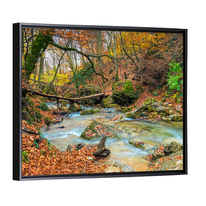 Mossy Footbridge in Autumn Forest Wall Art as a framed canvas