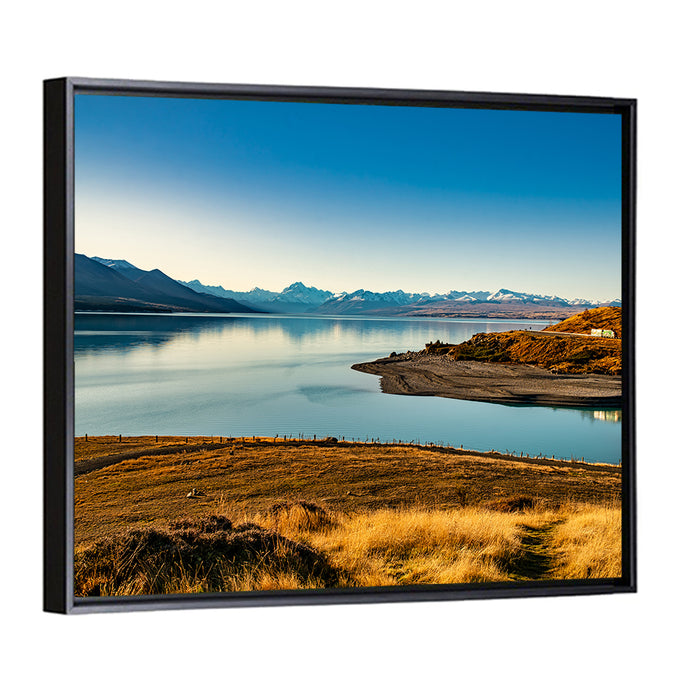 Lake Pukaki Golden Hour with Mount Cook Wall Art as a framed canvas