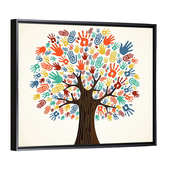 Colorful Handprint Tree Wall Art as a framed canvas