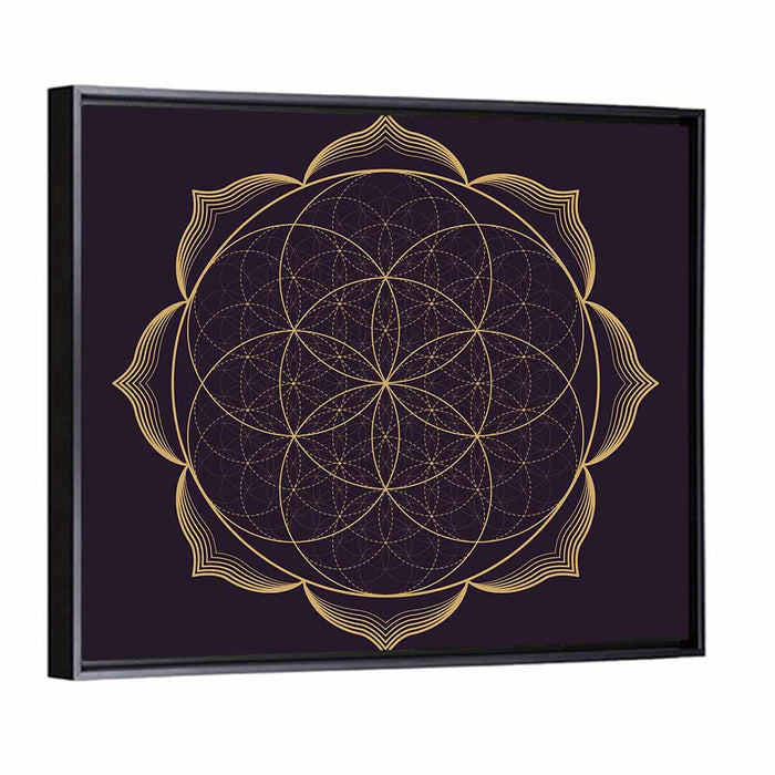 Golden Sacred Geometry Mandala Wall Art as a framed canvas