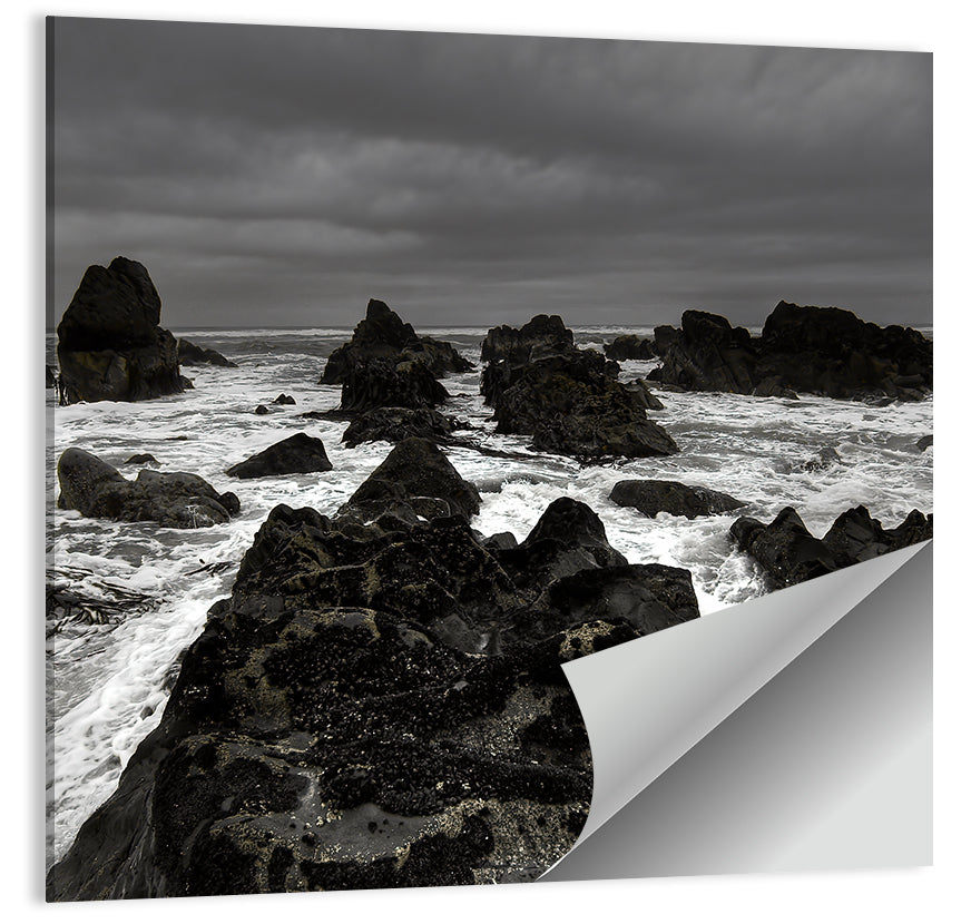 Moody Black and White Rocky Coast Waves Wall Art
