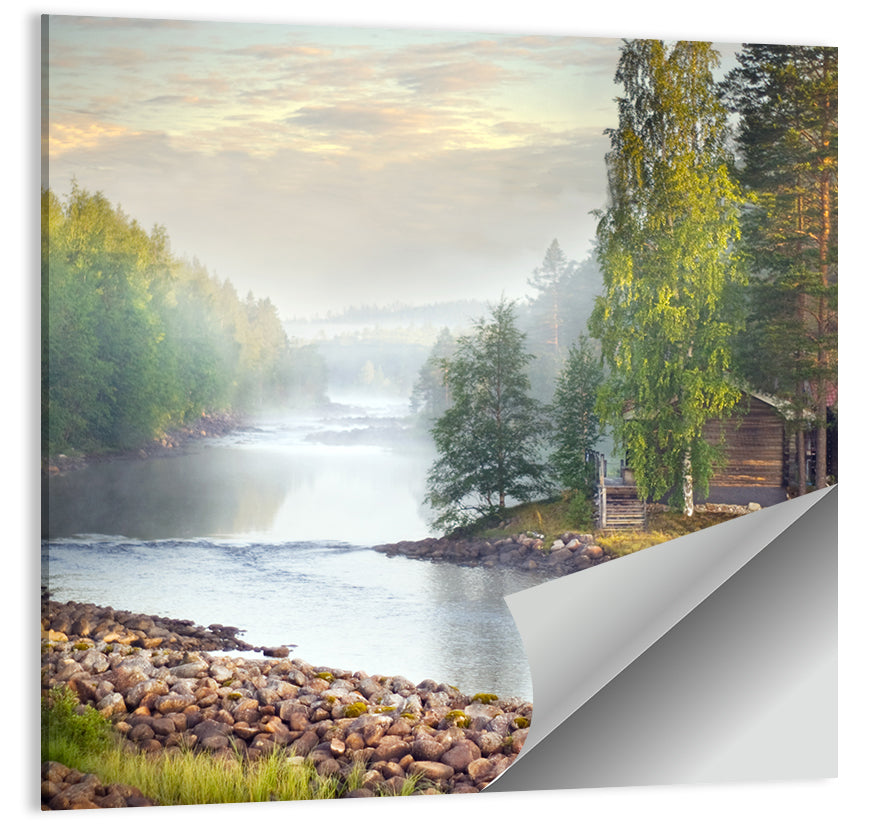 Misty River with Red Roof Cabin Wall Art