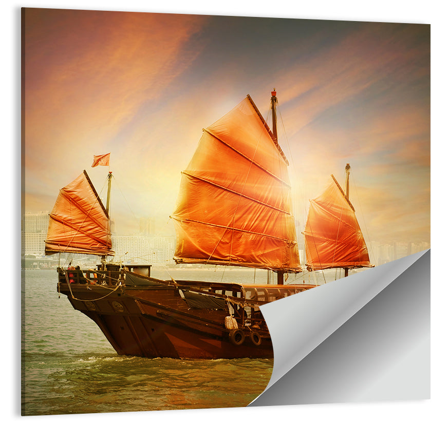 Red Sailed Junk at Victoria Harbour Wall Art