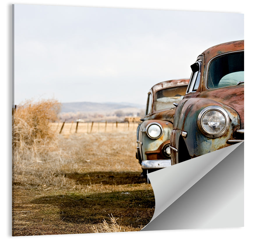 Abandoned Rusty Vintage Cars Behind Barbed Wire Wall Art