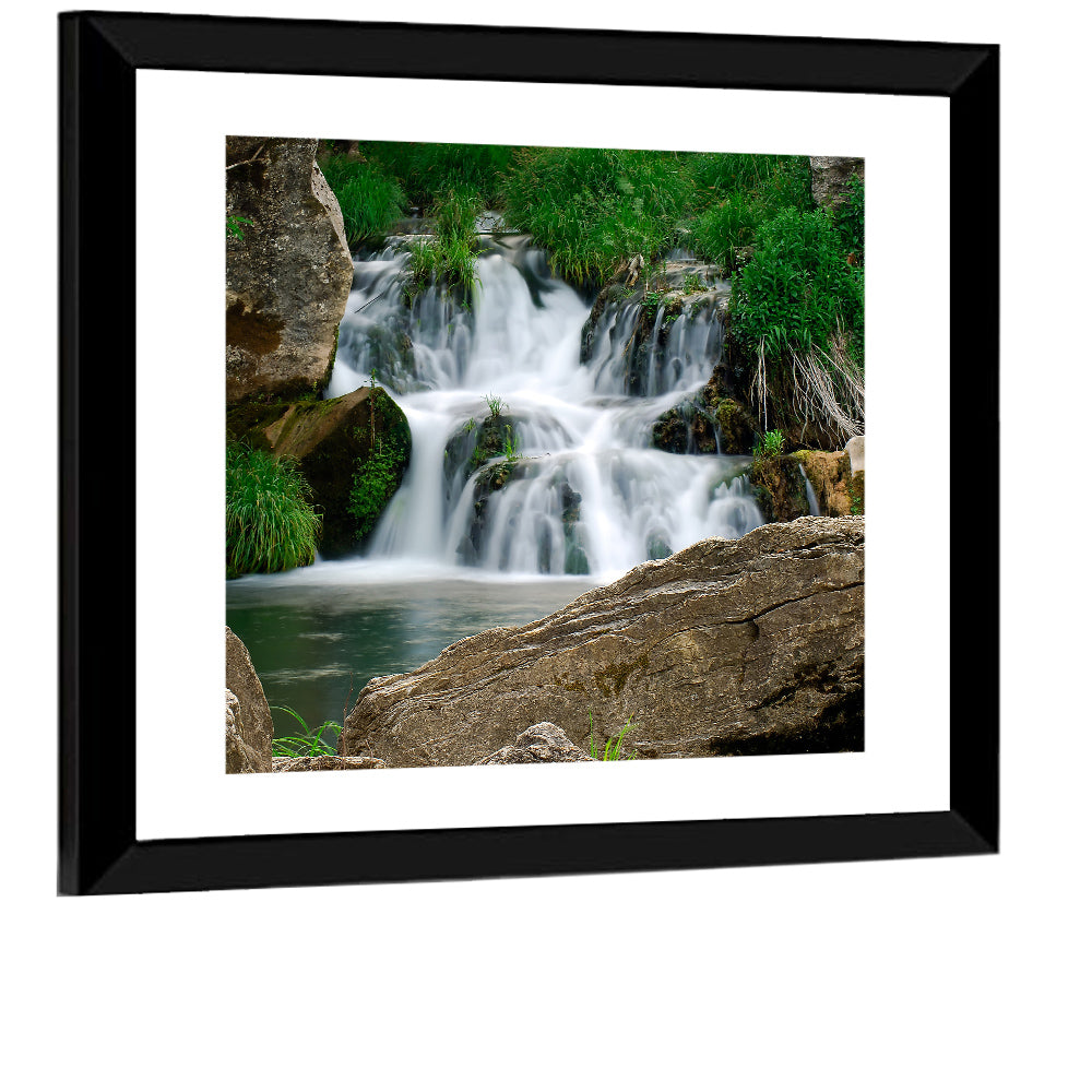 Moss Covered Rocky Waterfall Wall Art, framed print, square