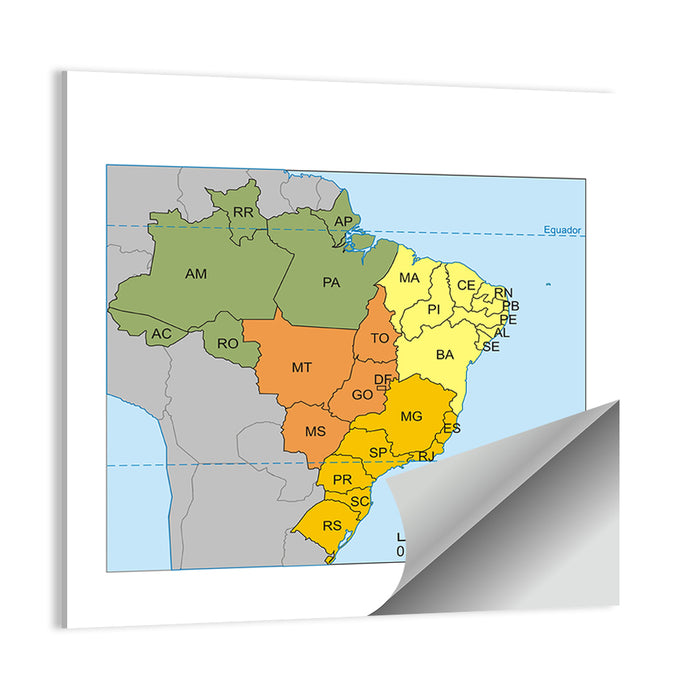 Brazil Map with State Codes Wall Art as a poster print