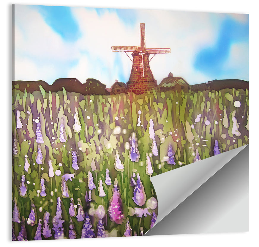 Ink Wash Windmill in Blooming Field Wall Art