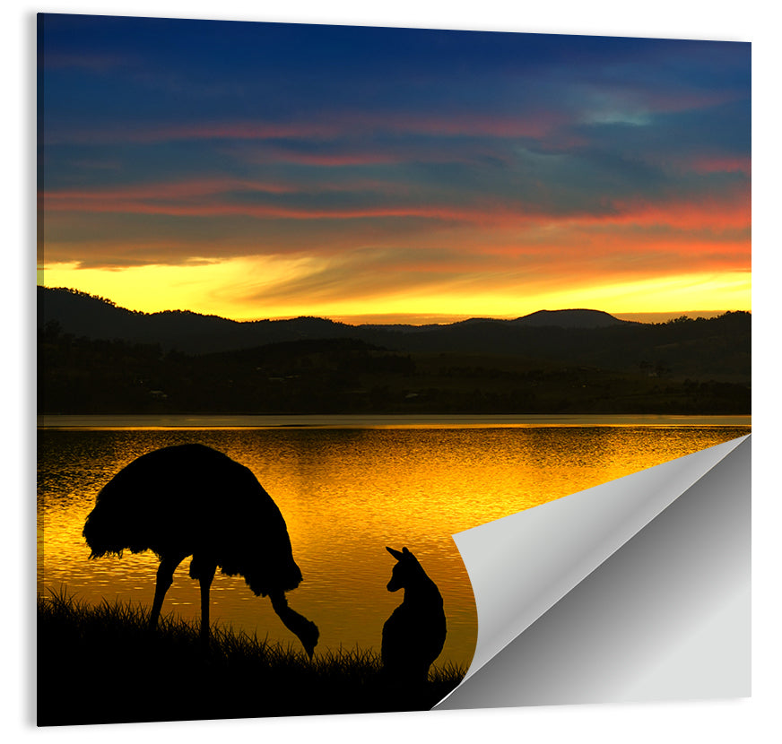 Kangaroo and Emu at Lake Sunset Wall Art