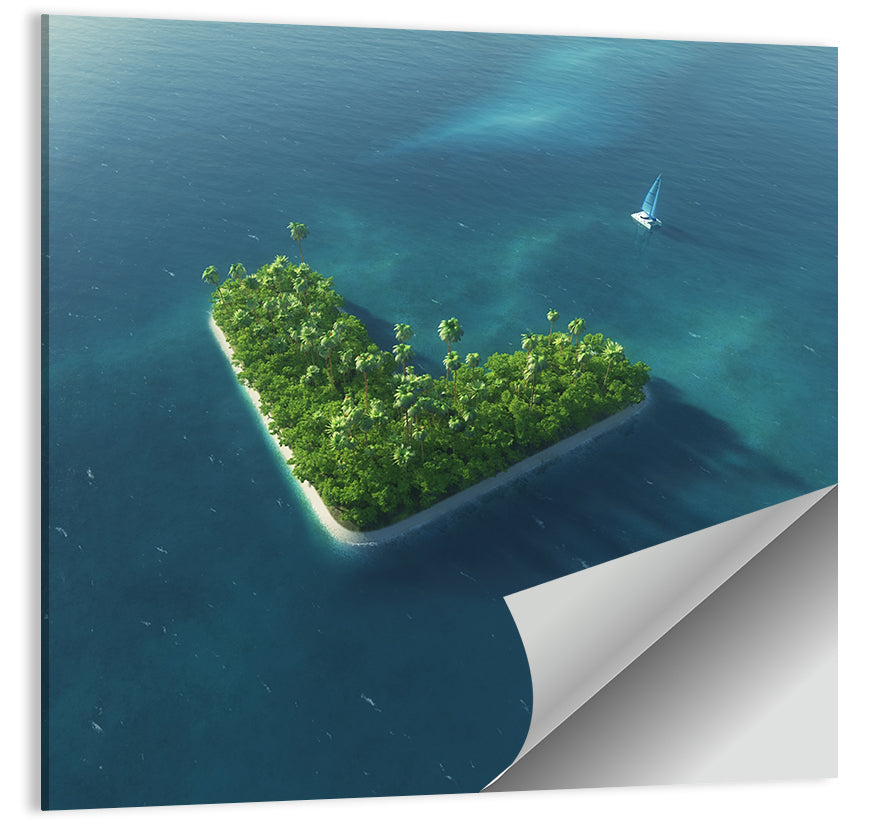 V-shaped Tropical Island with Distant Catamaran Wall Art