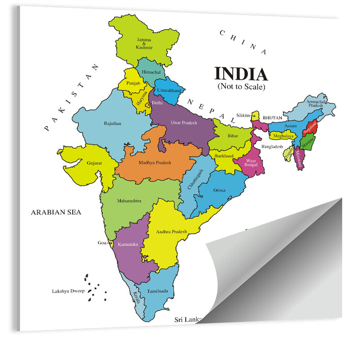 Colorful Political Map of India Wall Art as a poster print