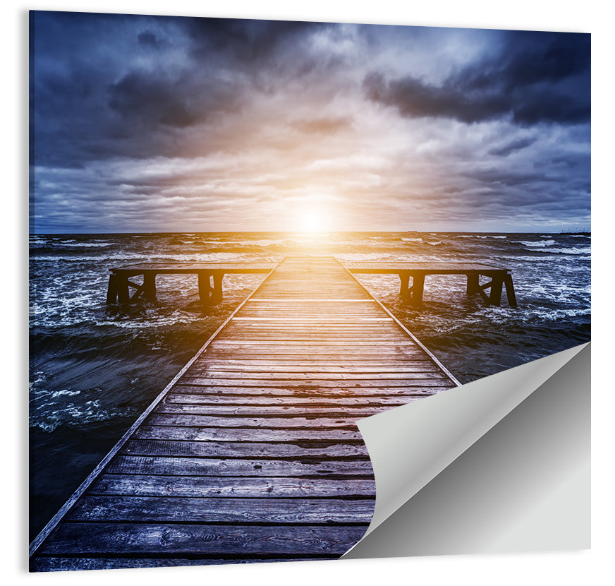 Sunlit Wooden Jetty at Dusk Wall Art