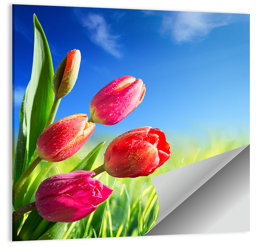 Dewy Red Tulips Under Blue Sky Wall Art