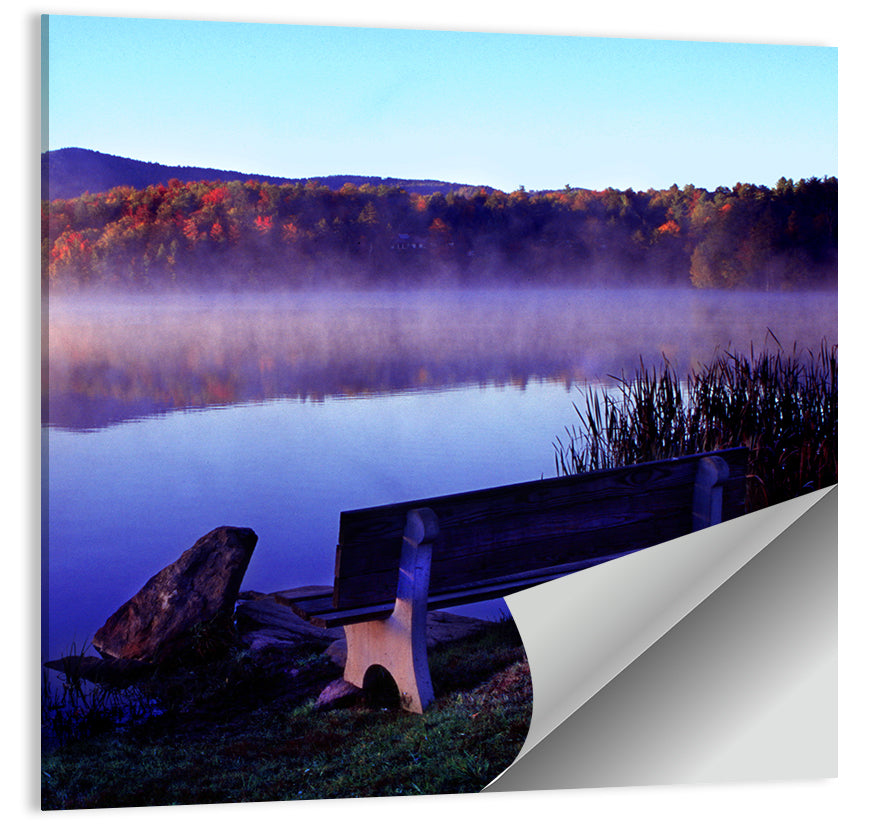 Bench at Misty Lake Sunrise Wall Art