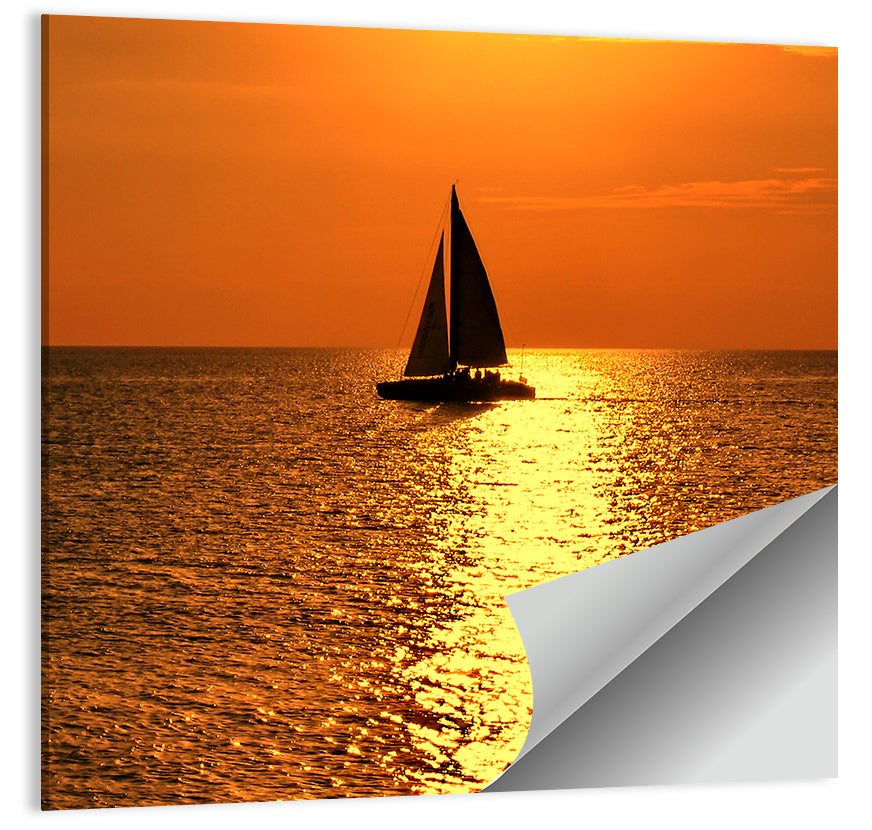Sailboat Silhouette at Golden Sunset Wall Art, poster print, square