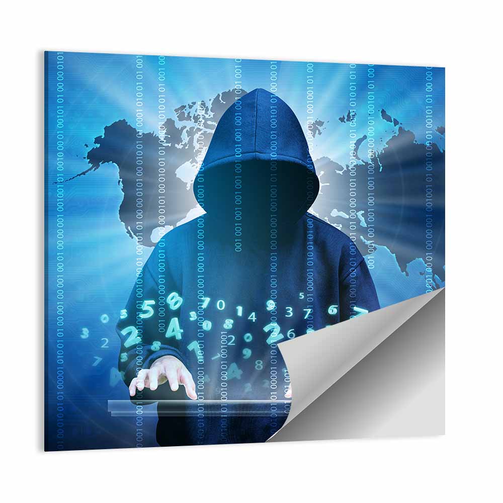 Hooded Hacker with Binary Map Wall Art