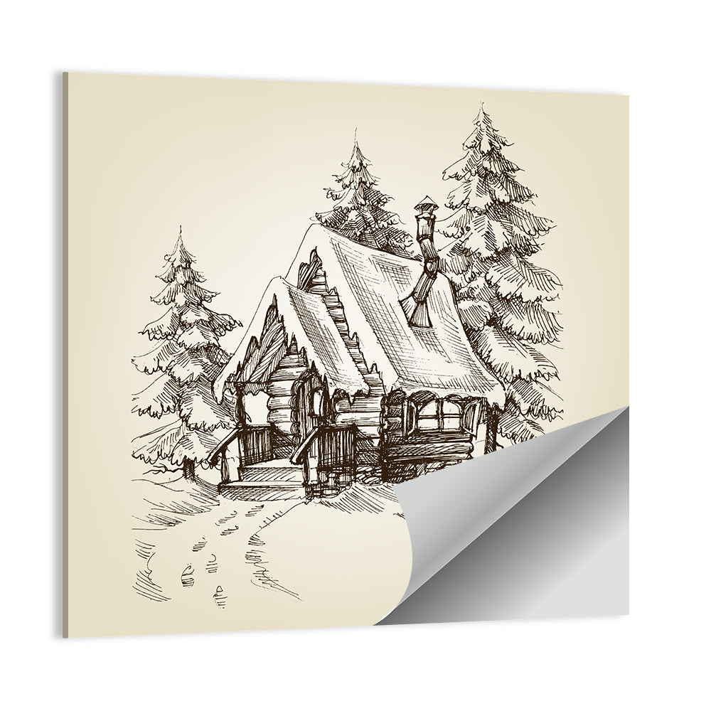 Snowy Log Cabin Illustration Wall Art