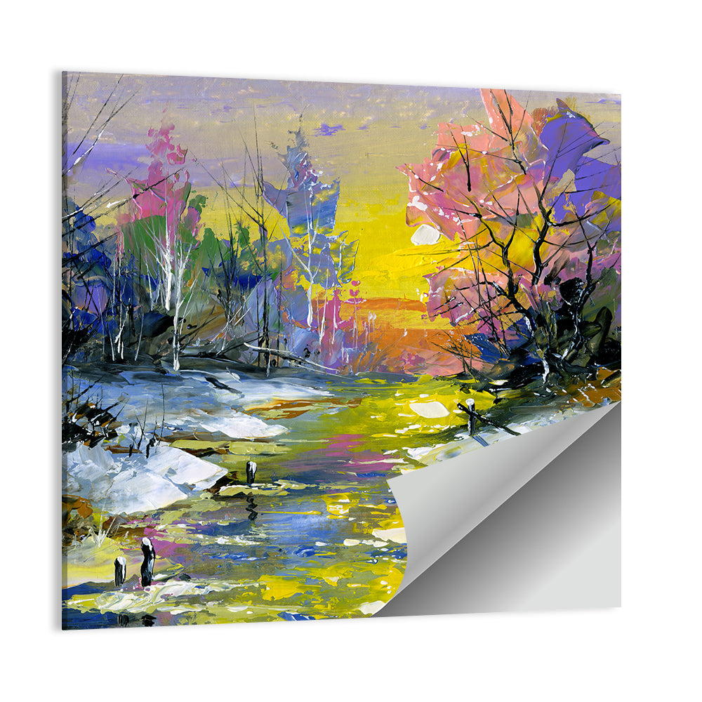 Golden Sunset Over Snowy Stream Wall Art