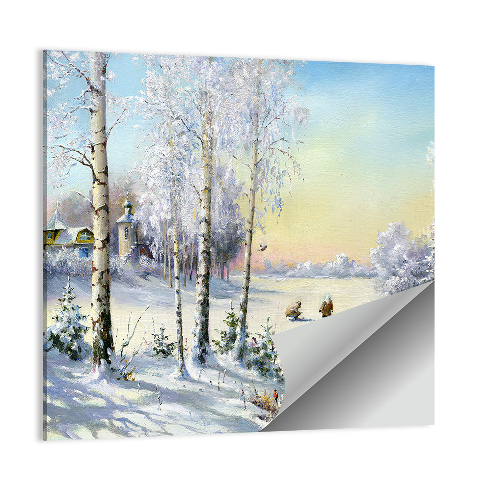 Birch-framed Winter Village Wall Art