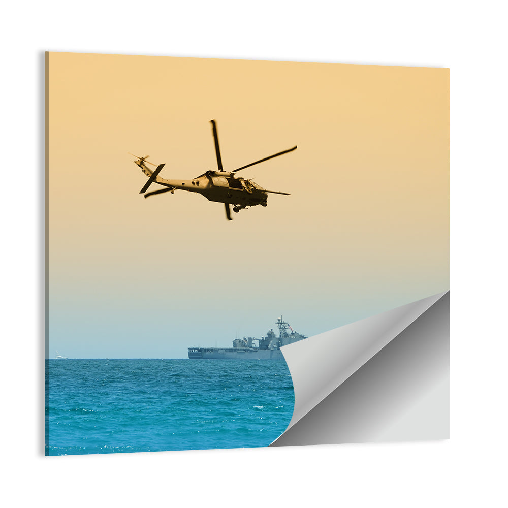 Helicopter Over Warship at Sea Wall Art