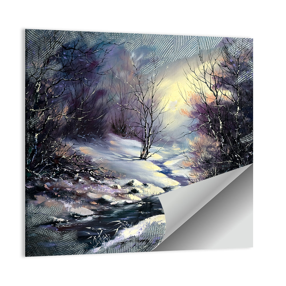 Sunlit Frozen Stream in Winter Forest Wall Art