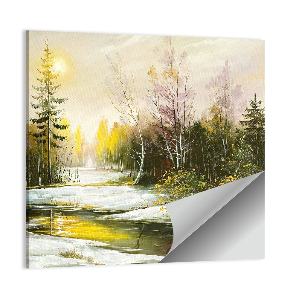 Sunlit Winter River Landscape Wall Art