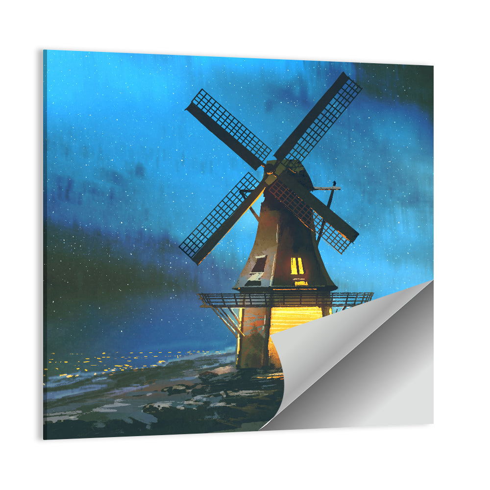 Seaside Windmill at Night Wall Art