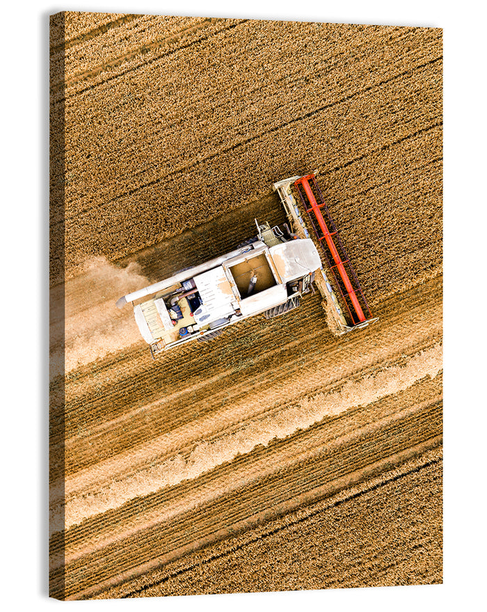 Aerial Combine Over Wheat Field Wall Art as a canvas print