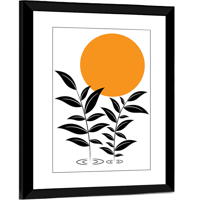 Minimalist Sun and Leaf Illustration Wall Art as a framed print
