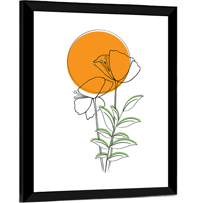 Orange Circle Floral Line Wall Art as a framed print