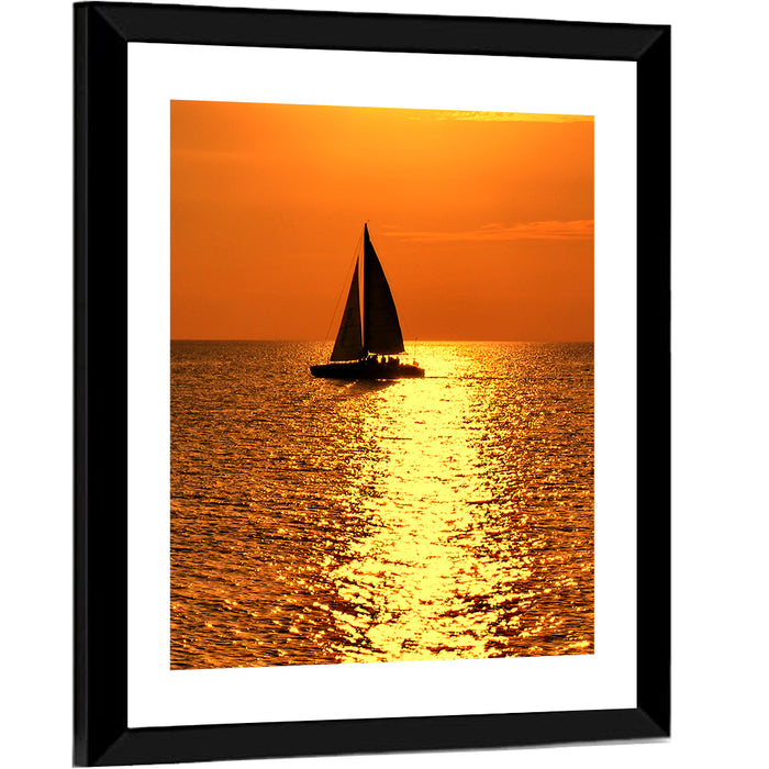 Sailboat Silhouette at Golden Sunset Wall Art as a framed print