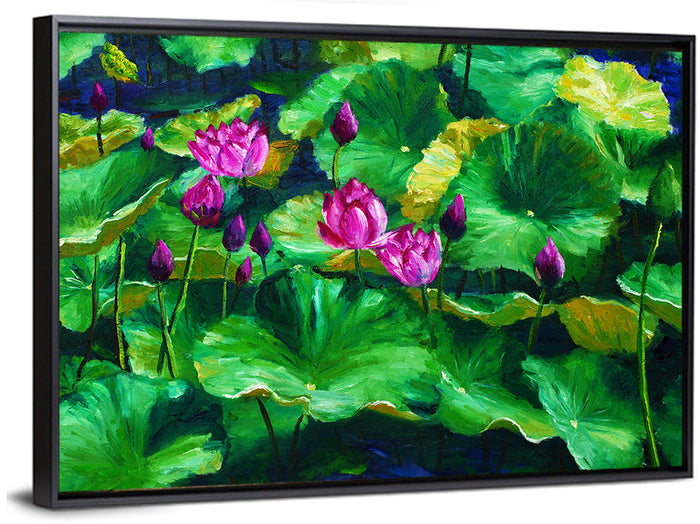 Impressionist Lotus Pond Wall Art as a framed canvas