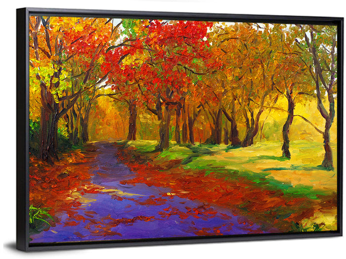 Autumn Maple Forest Path Wall Art as a framed canvas