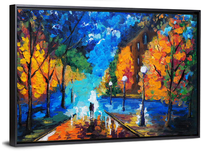 Rainy Evening Couple Oil Painting Wall Art as a framed canvas