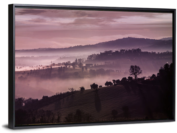 Misty Lavender Hills Wall Art as a framed canvas