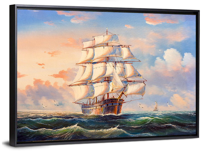 Tall Ship at Golden Sunset Wall Art as a framed canvas