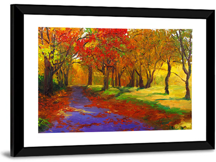 Autumn Maple Forest Path Wall Art as a framed print
