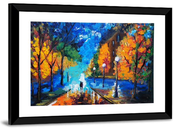 Rainy Evening Couple Oil Painting Wall Art as a framed print